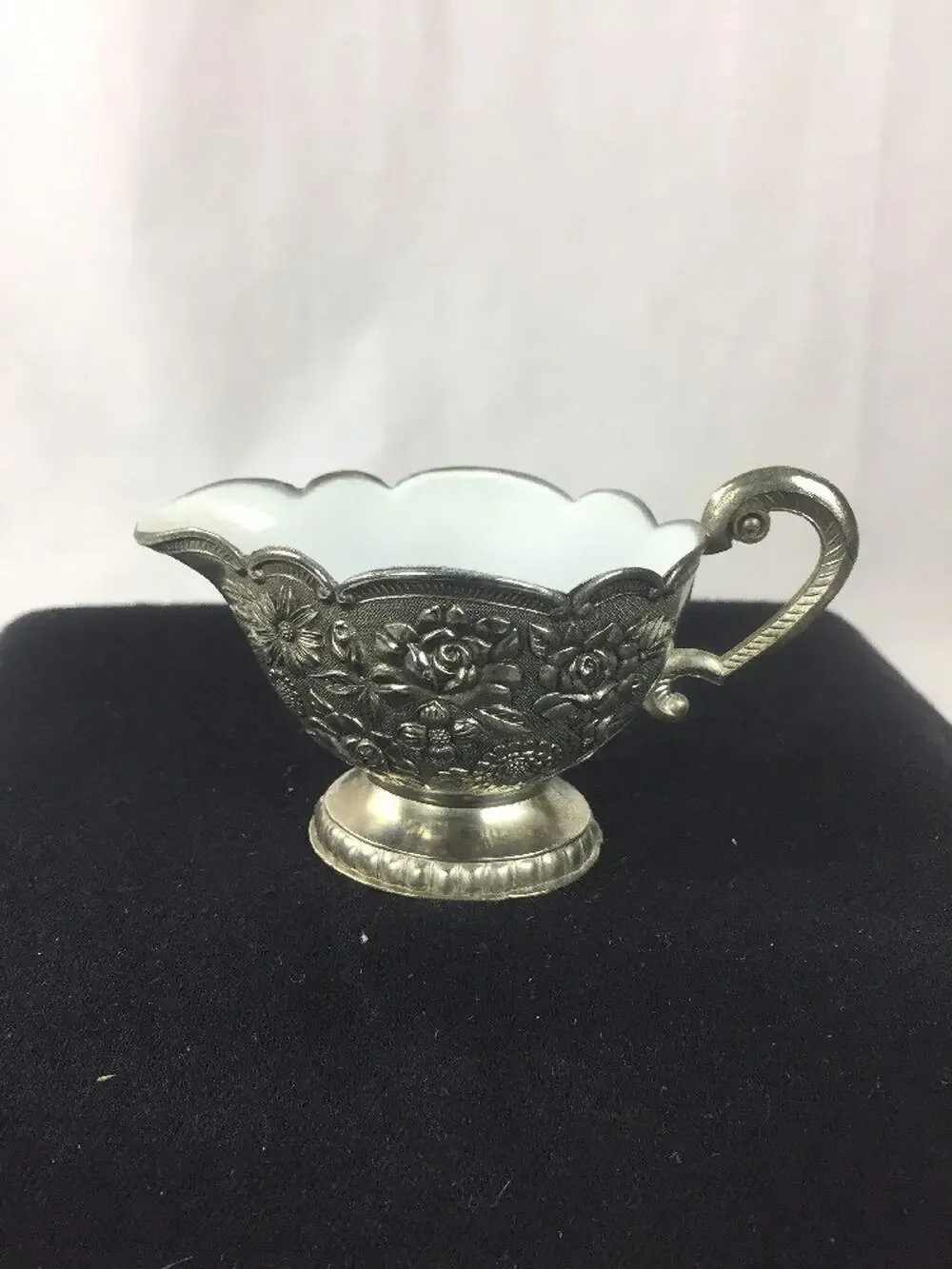 VINTAGE Laurel Leaf Farm Cream Server With White Enamel Inlay 2” Silver Roses